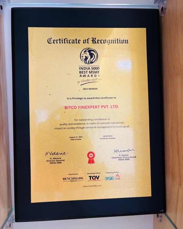 India 5000 Best MSME Award 2023 certificate